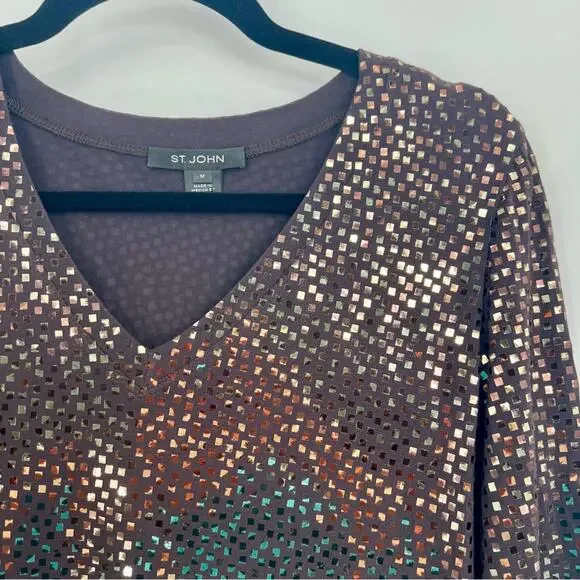 St.John V-Neck Sequins Embroidered T-Shirt Blouse Top 3/4 Sleeve Gold Mahogany M - Picture 4 of 6